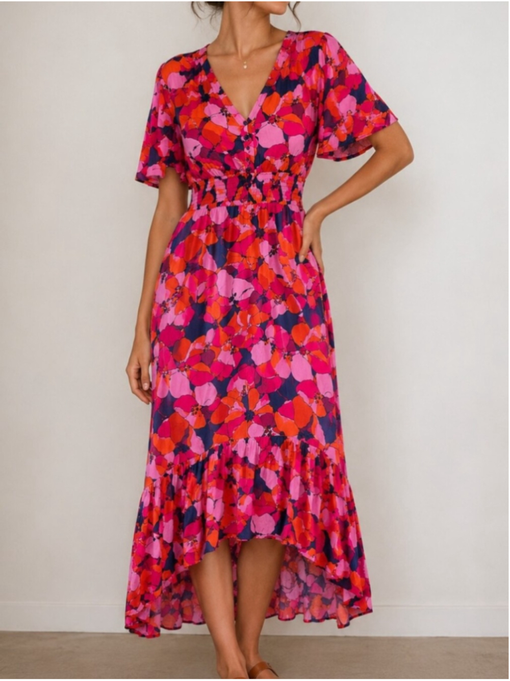 Abel The Label Floral Maxi Dress Pink Orange Button Front Smocked Waist XS Boho